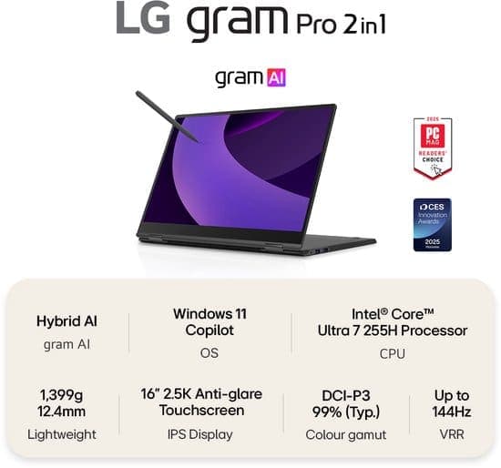 LG Gram Pro 16T90TP-G Intel Core Ultra 7 255H Hybride (2-in-1) 40,6 cm (16″) Touchscreen WQXGA 16 GB LPDDR5x-SDRAM 1 TB SSD Wi-Fi 7 (802.11be) Windows 11 Home Brits Engels Zwart - foto 2
