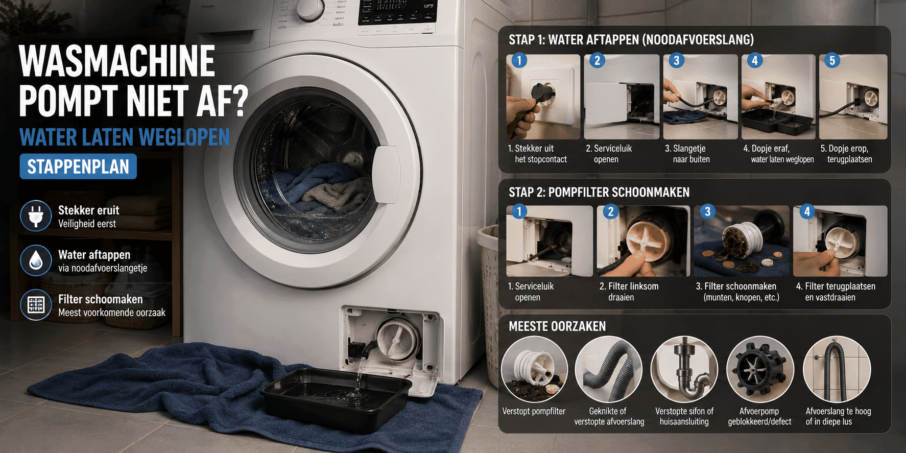 Wasmachine pompt niet af? Water laten weglopen (stappenplan)